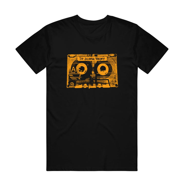 Black short sleeve shirt with orange cassette tape across the chest. On the top of the cassette, there is text that says THE JULIANA THEORY.