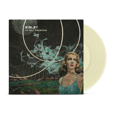 Vinyl cover that depicts a woman with a background of a foreign mountain landscape with strange geometric patterns and shapes.  There is text that reads Eisley and I’m only dreaming on the cover as well.  The vinyl is colored Opaque Oatmeal.