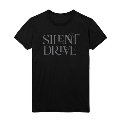 Image is a black Tee shirt with Grey Lettering that reads “Silent Drive” across the chest