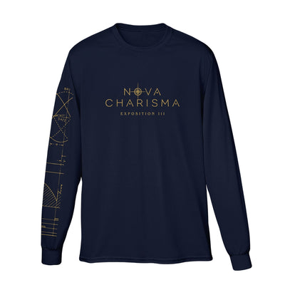 Navy long sleeve shirt with NOVA CHARISMA written across the chest. Inside the letter O of NOVA, there is a starlight design coming out of it. Below NOVA CHARISMA, there is smaller text that says EXPOSITION III. On one of the sleeves, there are various designs of graphs and data.