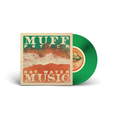 Hot Water Music, Muff Potter. We see a Split Green 7 Inch vinyl sticking out of a vinyl cover that depicts a green and orange overhead view of a beach.  There is text on top that reads, Muff Potter, and text on the bottom that reads, Hot Water Music.