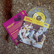 Vinyl jacket with an image of people sitting in a circle and watching a boy play guitar. There is a pig faintly drawn in yellow. There is a yellow ribbon across the top. On the top left, "BITTER BRANCHES" is written in red lettering. Towards the center, "ALONG CAME A BASTARD" is written in smaller red lettering. To the top right, there is a rectangle with EVR written on top and bottom. It is written normally on top, but it is being mirrored on bottom. There is a clear and yellow disc laying on some rocks.
