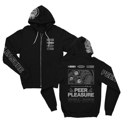 Front of black full zip hoodie. PLEASURE written vertically on one sleeve in white lettering. On the side of the hood , there is a skull drawn in white. On the top corner of the chest, there is a soundwave, globe, and barcode, and text that says PEERPLEASURE drawn in white. Back of black full zip hoodie. PEER PLEASURE written in white lettering. A design of a skull wearing headphones with three eyes is above the text. Above the drawing is the soundwave, globe, and barcode drawings.