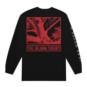 Back of black long sleeve shirt with a drawing of a red tree trunk. Below that there is red text that says THE JULIANA THEORY.