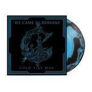 Black vinyl jacket with layered blue lines trimming the edges. "WE CAME AS ROMANS" is written in blue font across the top. Across the bottom, "COLD LIKE WAR" is written in the same blue font. In the center, there is a blue design, which is 3/4 of a circle, with a line diagonally cutting through it. There is a black and blue colored disc peeking out of the jacket.