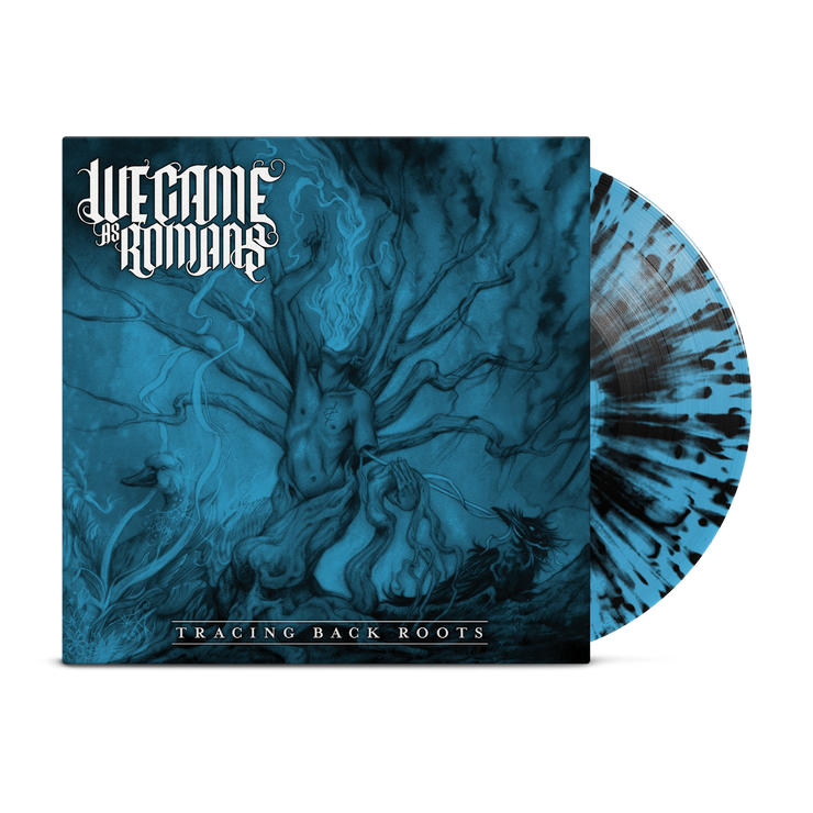 Blue vinyl jacket with a male figure in the center. The figure ha tree roots growing out of it, and a substance coming out of it's mouth. There are ghastly animal like creatures on either side. In the top left corner "WE CAME AS ROMANS" is written in gothic white font. In the bottom center "TRACING BACK ROOTS" is written in white font.